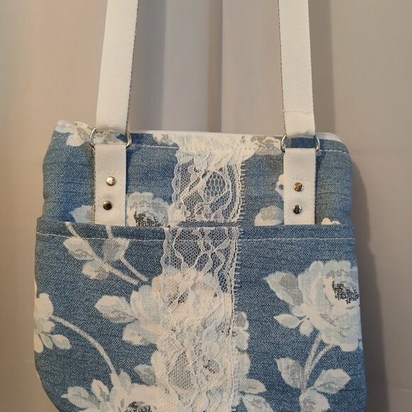 New Travel Sling Shoulder bag Blue White floral Roses Canvas Lacy Zip Purse Chic - Picture 8 of 13